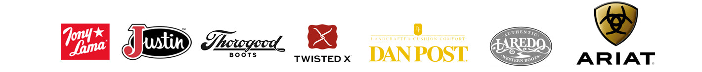 Original brand logo strip: Tony Lama, Justin, Thorogood, Twisted X, Dan Post, Laredo and Ariat