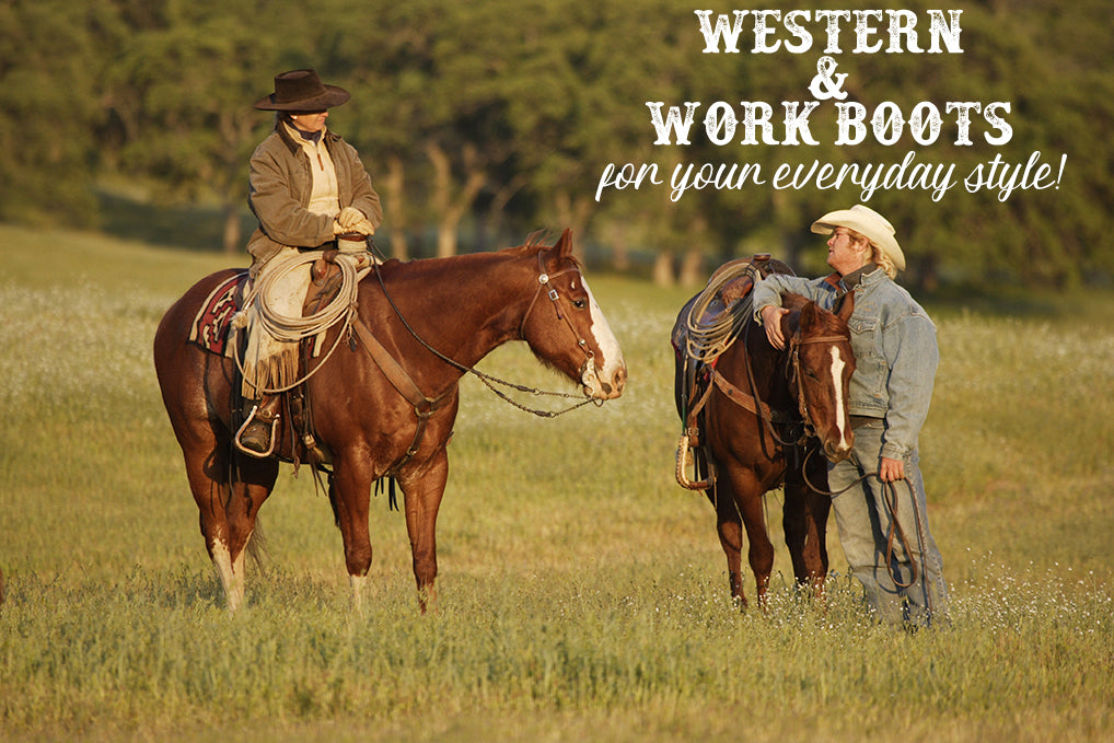 Original Village Western Wear western and work boots banner showing two cowboys and horses